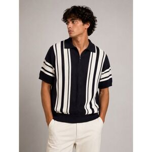 Max 'n Chester Knits Mens Navy Blue White Vertical Stripe Polo Sweater Large